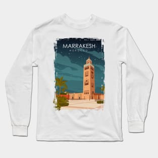 Marrakesh Morocco Vintage Minimal Retro Travel Poster at Night Long Sleeve T-Shirt